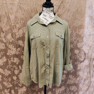 Chico's Design 100% Silk Leaf Pattern Button Down, Size 2/12/M, EUC